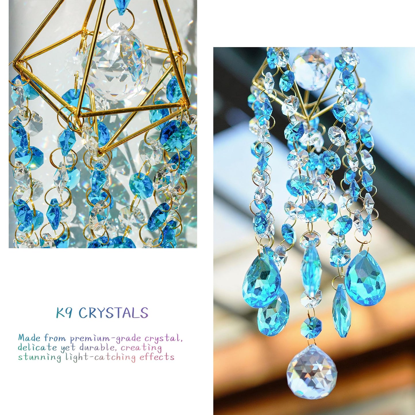 HDCRYSTALGIFTS 21.5'' Crystal Suncatchers, Handmade Blue Suncatcher for Window Hanging Crystal Wind Chimes Gold-Plated Sun Catcher with Crystals Indoor Outdoor Decoration Rainbow Maker