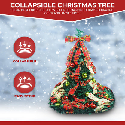 6ft Pop up Christmas Tree - Fully Decorated Pre-Lit Pull Up Tree Includes Storage Bag, Ornaments, Ribbon, Pinecones, Stand, and Warm UL Lights