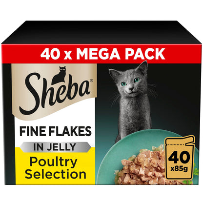 Sheba Fine Flakes in Jelly – Poultry Collection – Wet cat food pouches for adult cats – 40x85g pack