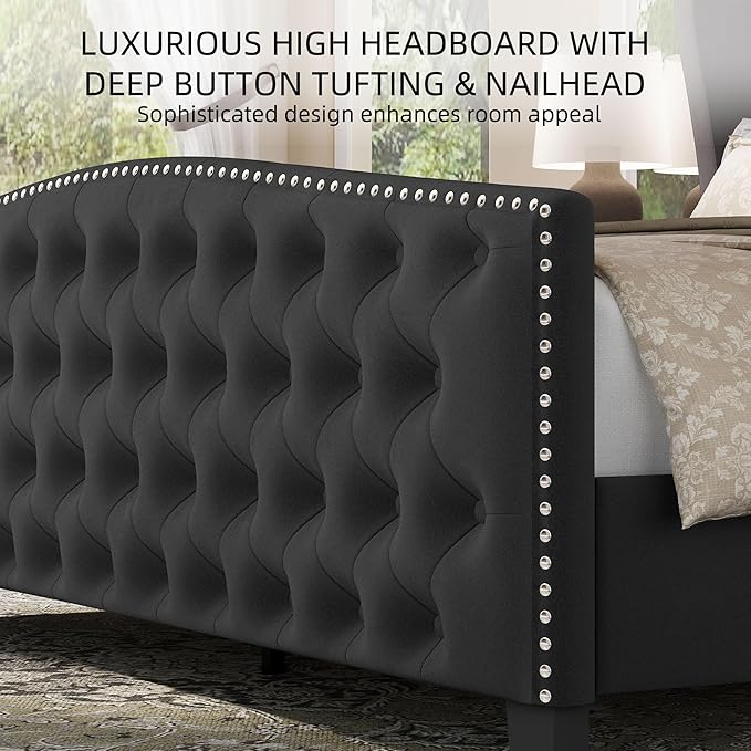 BRELTAM Upholstered King Size Bed Frame Velvet Tufted Bed Frame