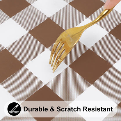 Smiry Round Picnic Tablecloth, Elastic Waterproof Fitted Vinyl Tablecloths for 45"-56" Tables, Flannel Backed Buffalo Plaid Table Cover for Dining, Camping, Outdoor, White and Brown