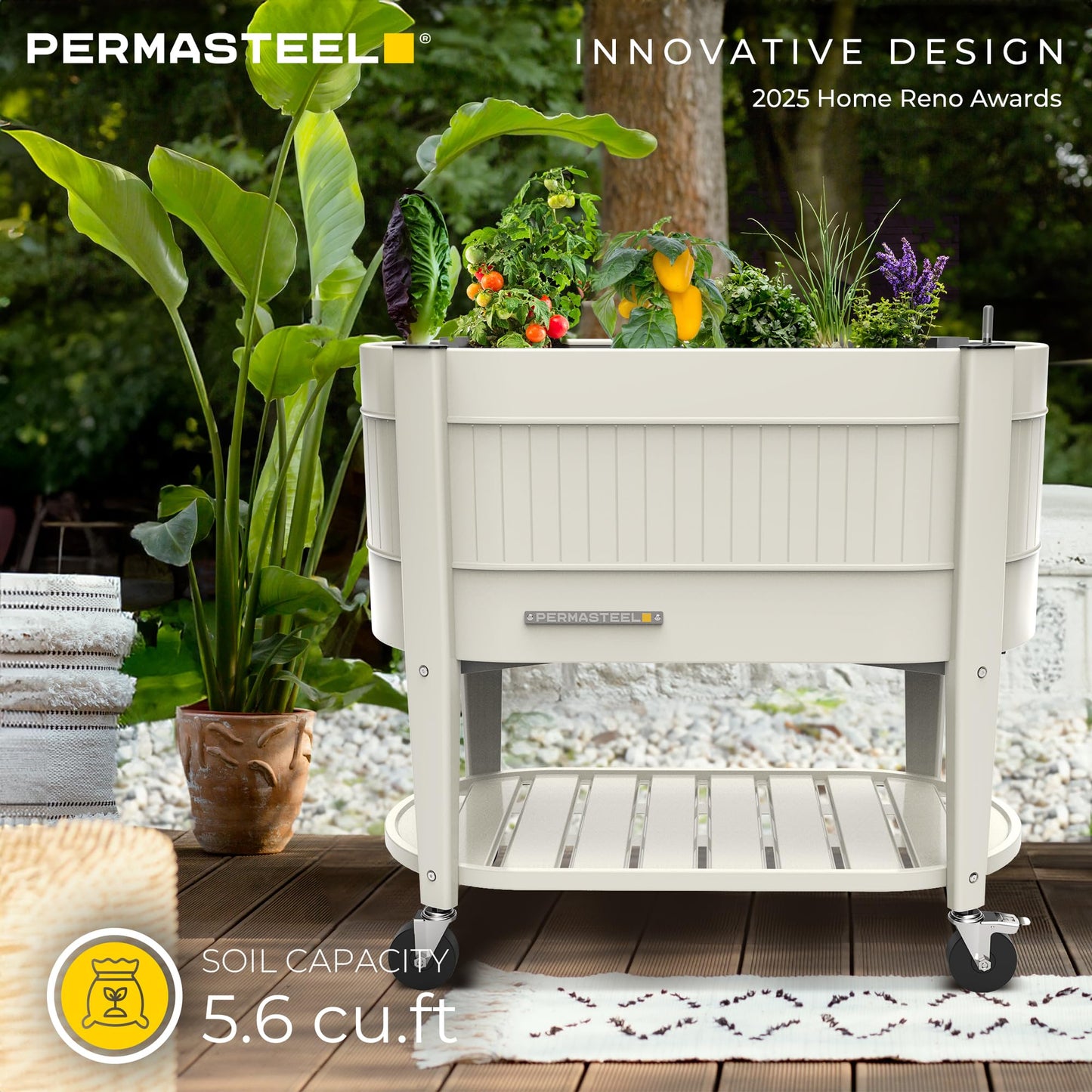 Permasteel Raised Garden Bed with Legs, Planter Box with EnGrow™ TrueSoil™ Technology for Vegetables, Flowers, Herbs, and Fruit, Outdoor Indoor, Storage Shelf, Caster Wheels, Ivory