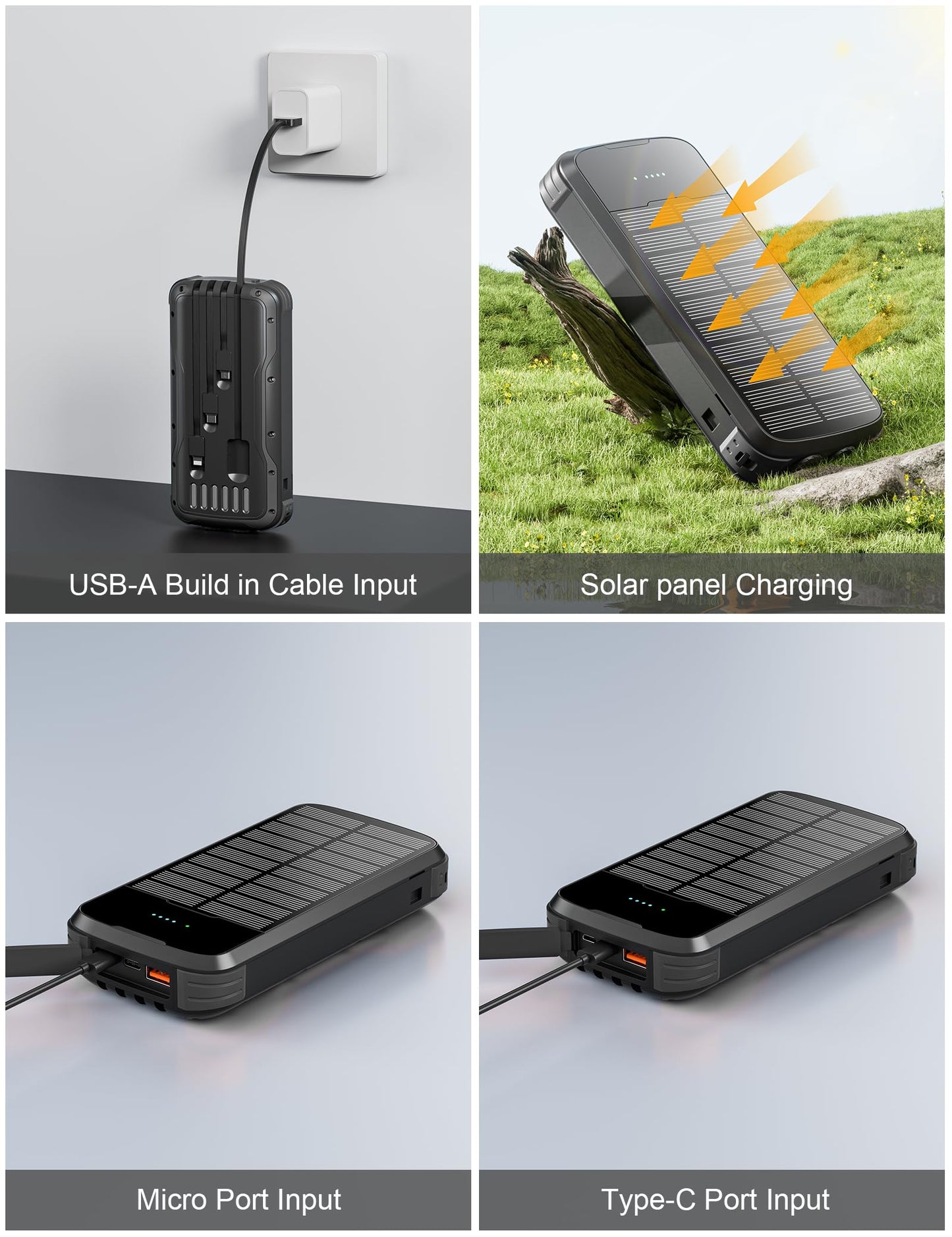 Solar Charger Power Bank, 40000mAh Portable Charger PD 20W Fast Charging Solar Power Bank Built in 4 Cables and USB-C in/Output, Camping Essentials External Battery Pack with Flashlights