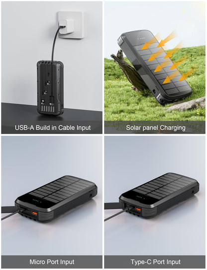 Solar Charger Power Bank, 40000mAh Portable Charger PD 20W Fast Charging Solar Power Bank Built in 4 Cables and USB-C in/Output, Camping Essentials External Battery Pack with Flashlights