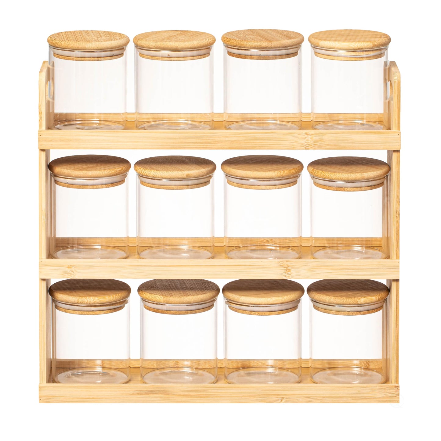 Basicwise Versatile 3-Tier Bamboo Spice Rack and Pantry Organizer with 12 Glass Jars – Perfect for Countertop Storage in Kitchens to Keep Seasoning Containers Neatly Displayed and Easily Accessible
