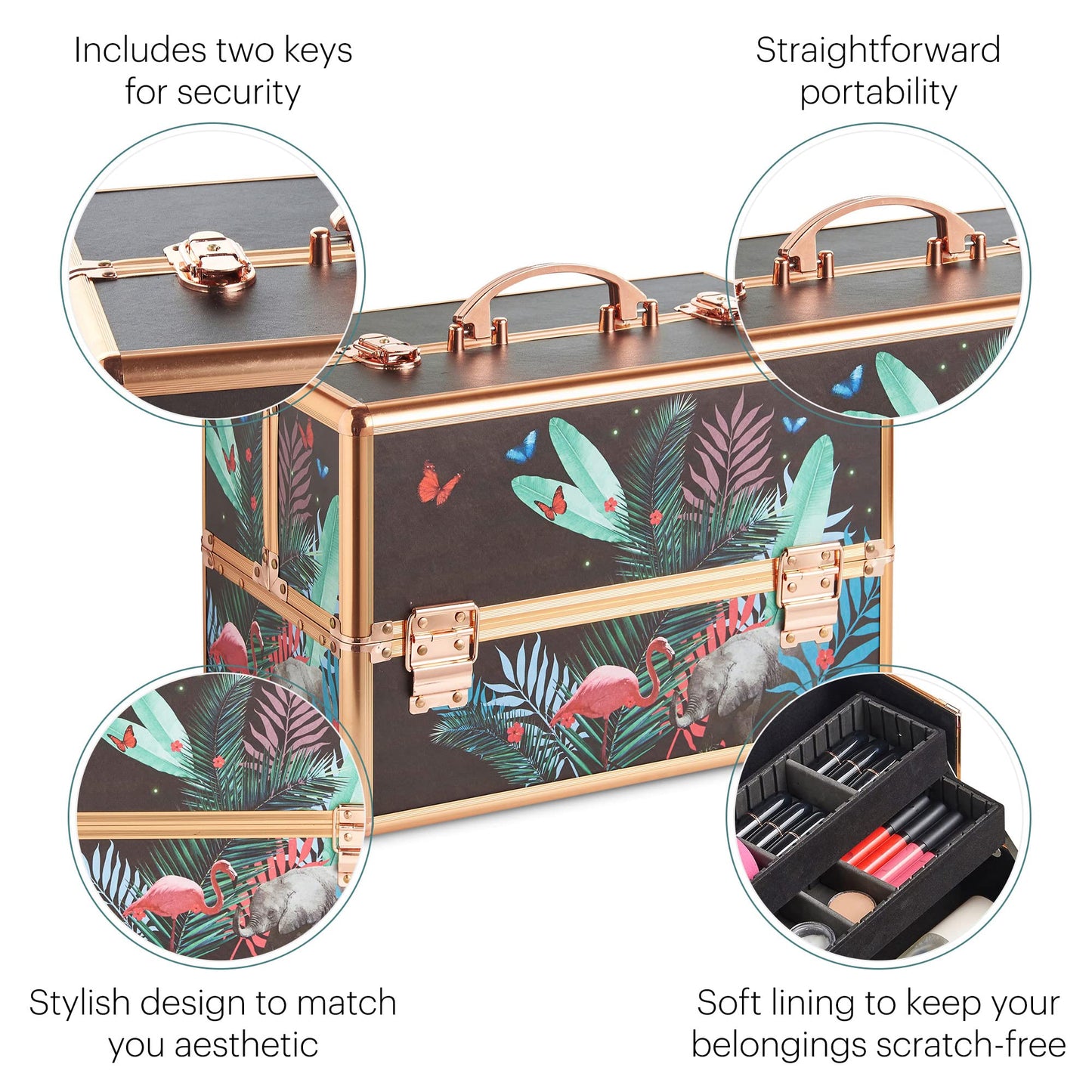 Beautify Make Up Vanity Case, Travel Jungle Print 3 Tier Makeup Box w/Extendable Trays, Spacious Storage & Removable Dividers to Create Compartments, Lockable Makeup Vanity Case for Professionals