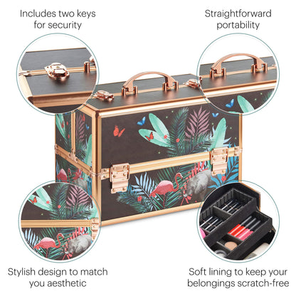 Beautify Make Up Vanity Case, Travel Jungle Print 3 Tier Makeup Box w/Extendable Trays, Spacious Storage & Removable Dividers to Create Compartments, Lockable Makeup Vanity Case for Professionals
