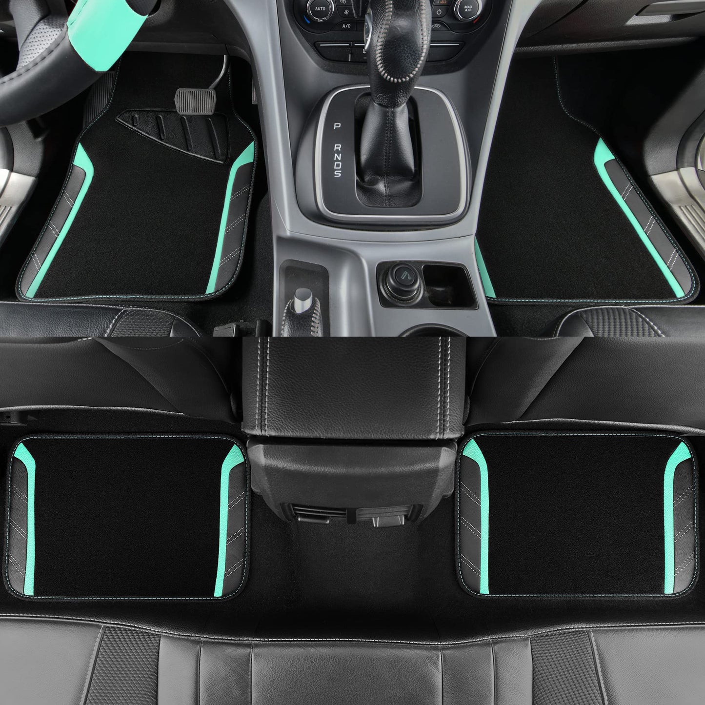 CAR PASS Leather Steering Wheel Cover and Waterproof Car Floor Mats,Microfiber Universal Car Combo Fit for 95% Sedan,SUV,Cars,14.5-15inch Sporty Anti-Slip Safety Comfortable Design(Black&Mint)
