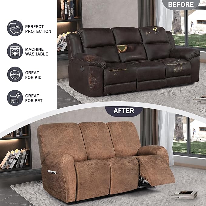 ANARACHON Leather Look Recliner Couch Cover, 8-Pieces Stretch Recliner Sofa