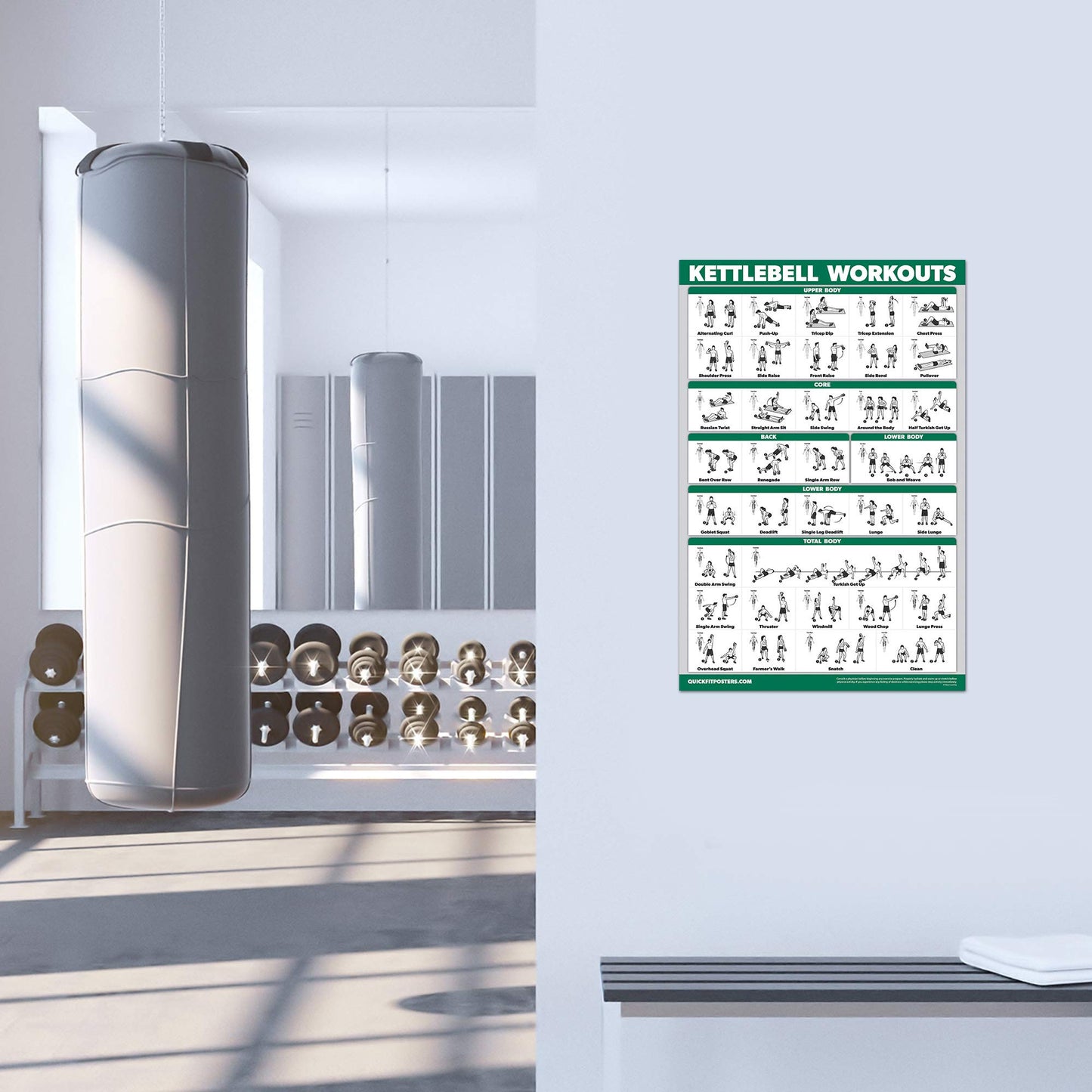 QuickFit Set of 3 Dumbbell Training Boards + Kettlebell Exercises + Body Weight Routine Poster, Laminated, 18" x 24"