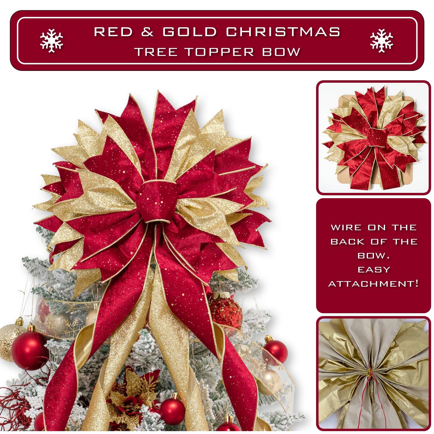 Hismir Christmas Tree Topper Bow, 53x13 Inches Large Christmas Bow with Glitter Streamer, Decorative Ribbon Bows for Xmas Tree Wreath Door Festival Home Decor(Red & Gold)