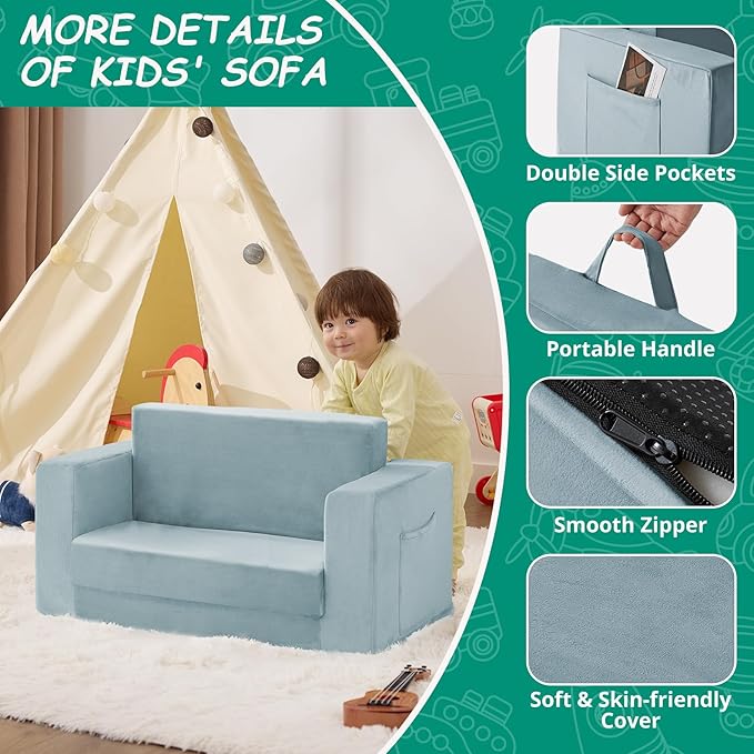 Kids Couch, 2-in-1 Toddler Chair Comfy 1-3 Years, Convertible Kids Chair