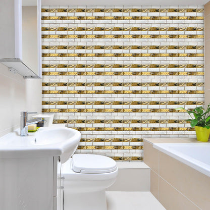 HOMETITUTE 20Pcs White Gold Brick Tile Stickers Peel and Stick Decorative Tiles Waterproof Removable Sticker Tiles Backsplash Decals for Kitchen Bathroom Fireplace Stair Riser Wall 4x4 Inch(not 3D)