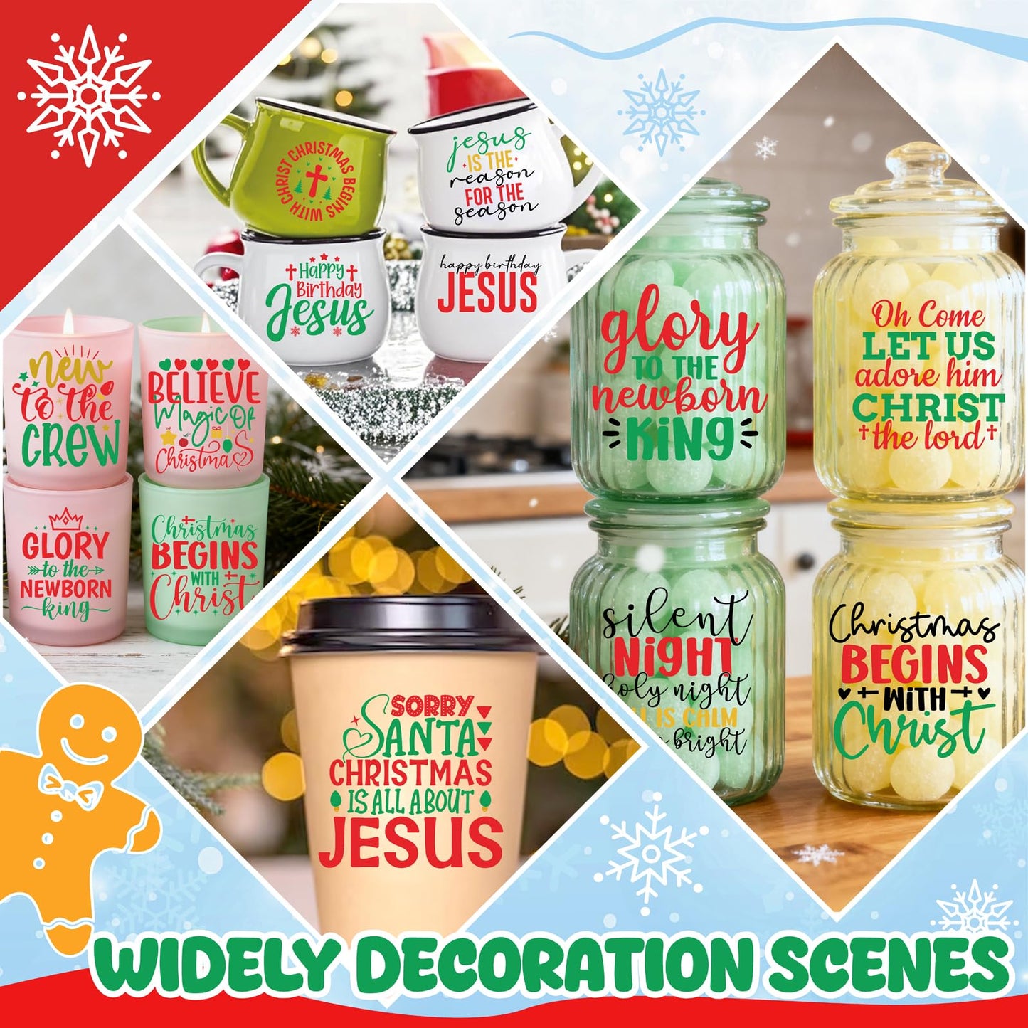53 PCS Christmas Stickers for Crafts Nativity Decal Red Green Bible Decals Indoor Home Decorations Xmas Eve Vinyl Sticker for Ornaments Jesus Christian Religious Decal for Window Winter Holiday Gift