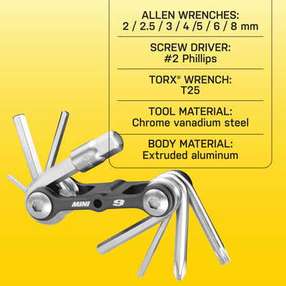 Topeak The Mini 9-Function Bicycle Tool - TT2409 , Black/Silver, L x W x H ﻿﻿﻿﻿6.6 x 3.1 x 2cm / 2.6” x 1.2” x 0.8”