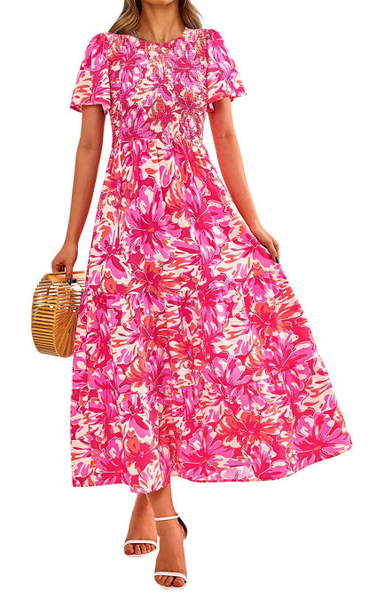 PRETTYGARDEN Women's 2025 Summer Casual Flutter Short Sleeve Boho Floral Maxi Dress Crew Neck Smocked Tiered Long Dresses