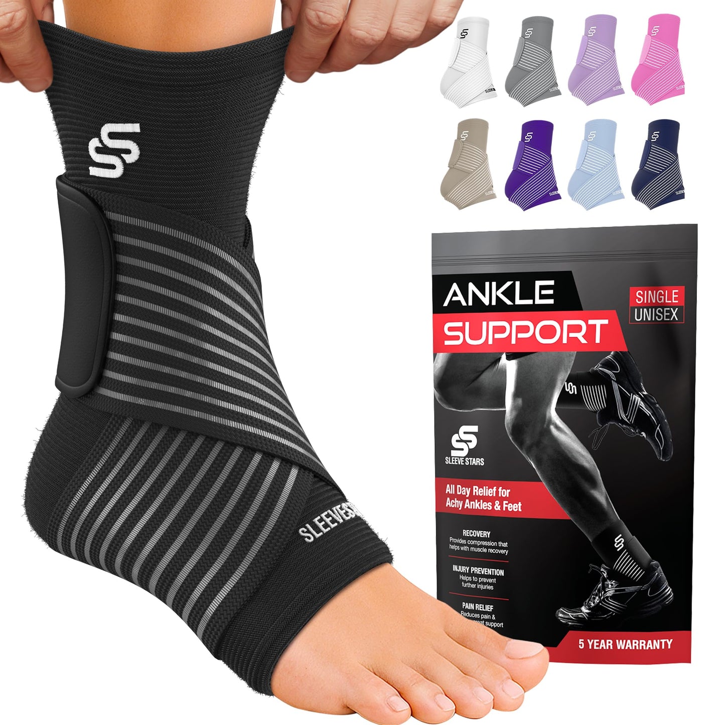 Sleeve Stars Ankle Brace for Women & Men, Ankle Wrap for Sprain, Compression Sleeve for Plantar Fasciitis Relief, Easy Customizable Support: w/Removable Strap (Single/Black)