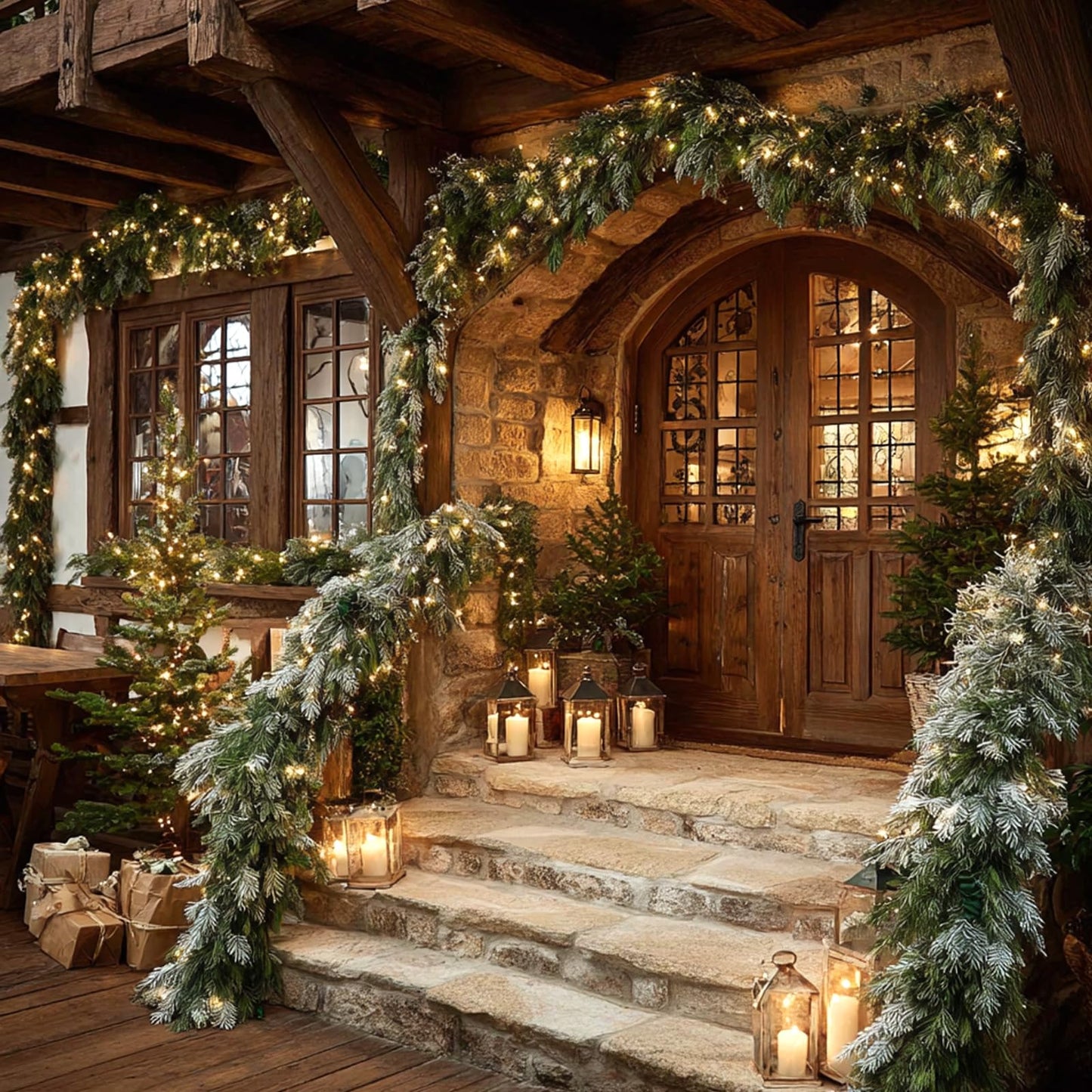 9FT Christmas Garlands Norfolk Pine Garland, Real Touch Artificial Winter Pine Garland, Green Artificial Greenery Garlands with Snowflake for Wall, Mantle, Table, Indoor, Outdoor Christmas Decorations