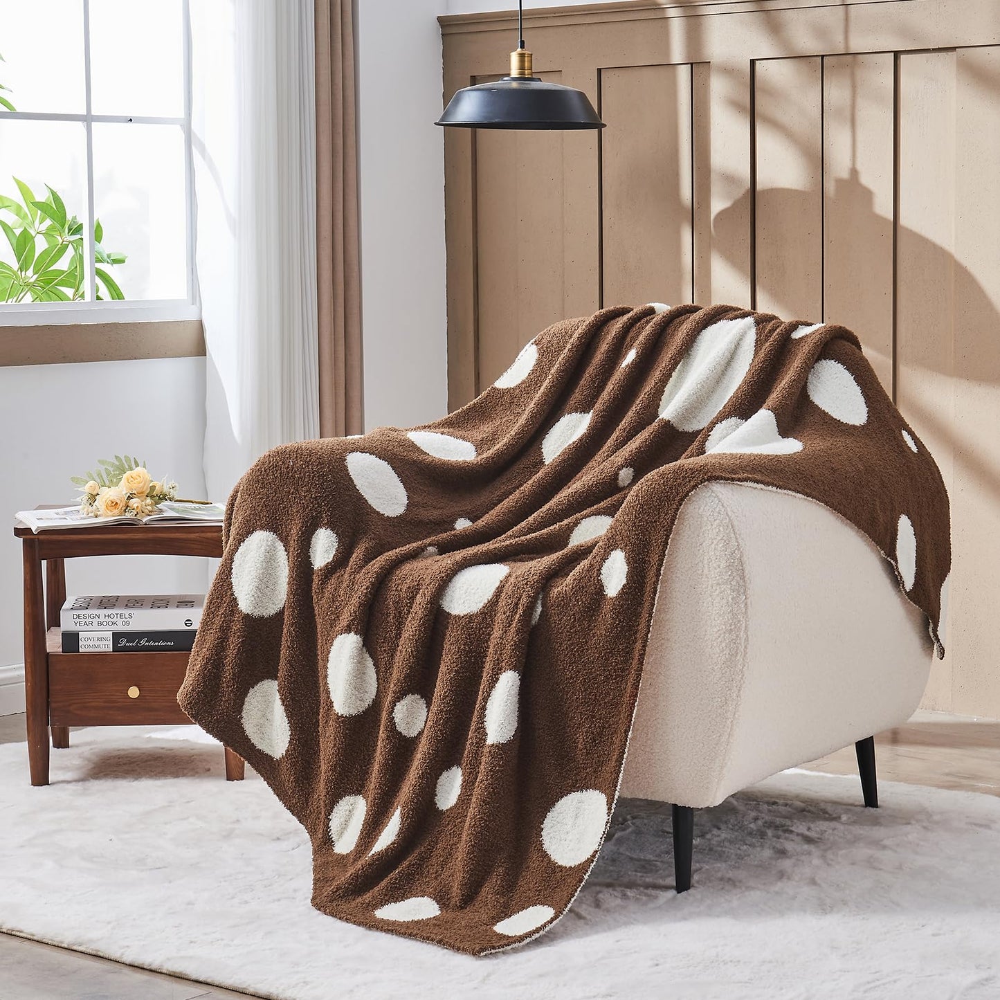 Douceur Polka Dot Throw Blanket for Couch Sofa Bed, Reversible Cozy Fluffy Super Soft Bedroom Blanket, Plush Brown Throw Blanket, 60×80 inches