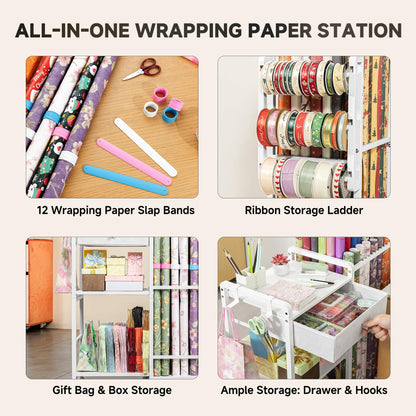 Aquzee Wrapping Paper Storage, Rolling Gift Wrap Station, 9 Adjustable Rod Design, Vertical Wrapping Paper Storage Cart, Ribbon Organizers and Gift Bag Storage, 12 PCS Slap Bands, White