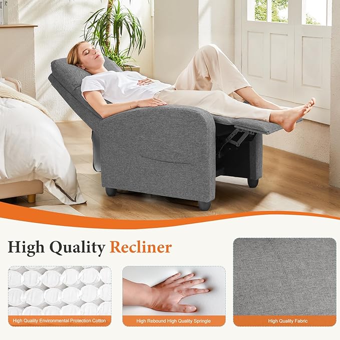 Sweetcrispy Recliner Chair Fabric Recliner Sofa No Massage, Home Theater Seating with Lumbar Support, Adjustable Push Back Overstuffed High-Density Sponge Reclining for Living Room, Slate Gray