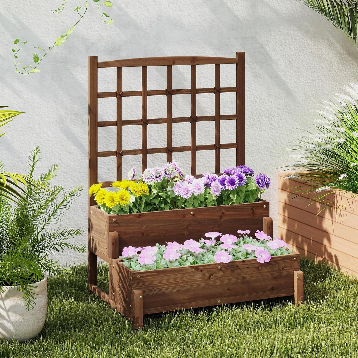HAPPYGRILL Raised Garden Bed with Trellis, Drainage Holes, 2-Tier Wooden Elevated Planter Box w/Legs for Climbing Plants Vine Flower Herb Vegetable Fruit, Outdoor Garden Box for Patio Balcony