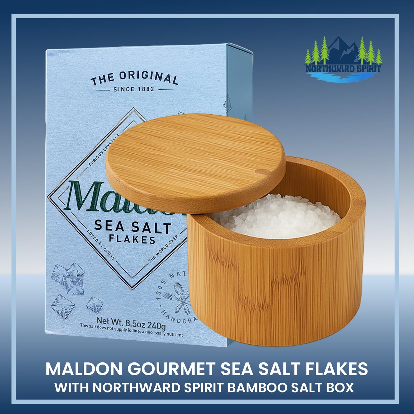NORTHWARD SPIRIT Bamboo Salt Box Cellar Canister Gift Set With Maldon Sea Salt Flakes 8.5 Oz Box - Great For Salts, Spices, Seasonings In Your Gourmet Kitchen