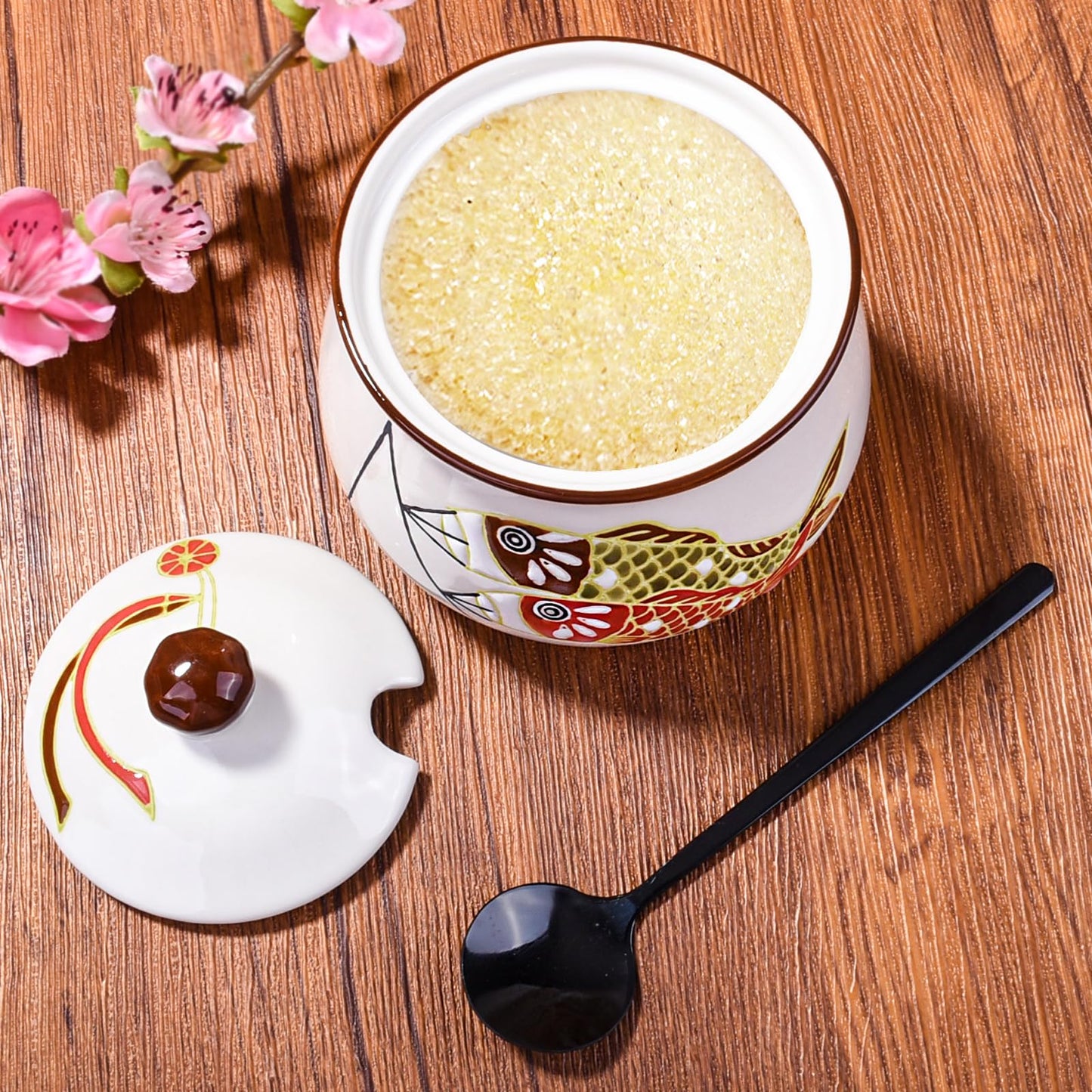 LMRLCS Ceramic Sugar Bowl with Lid and Spoon - 10oz Small Spice Jar with Japanese Koi Fish Design - Decorative Seasoning Container for Salt, Lard, Chili Oil & Condiments, Farmhouse Kitchen Decor