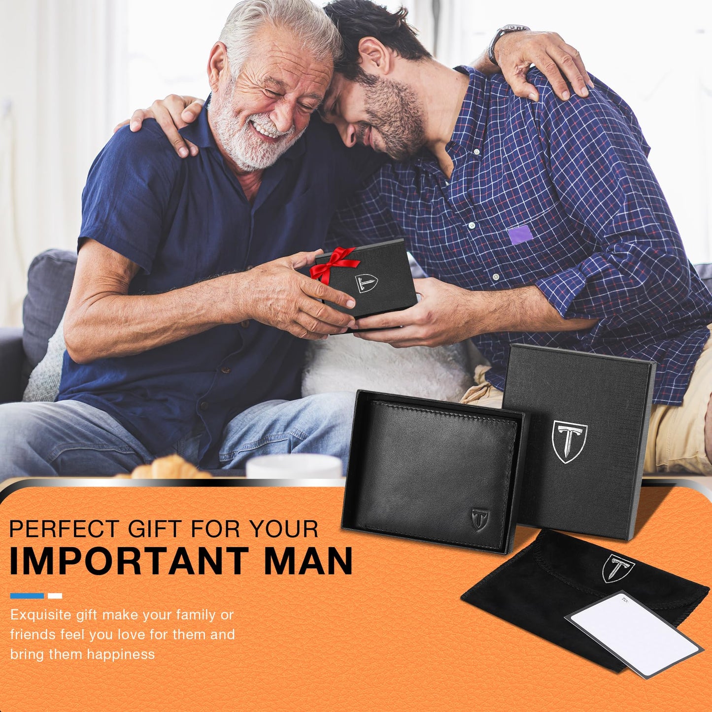 TEEHON Wallets for Men UK with RFID Blocking Slim Wallet with Coin Pocke, 11 Card Slots, 2 Note Pockets, ID Window & Gift Box - Black & Orange