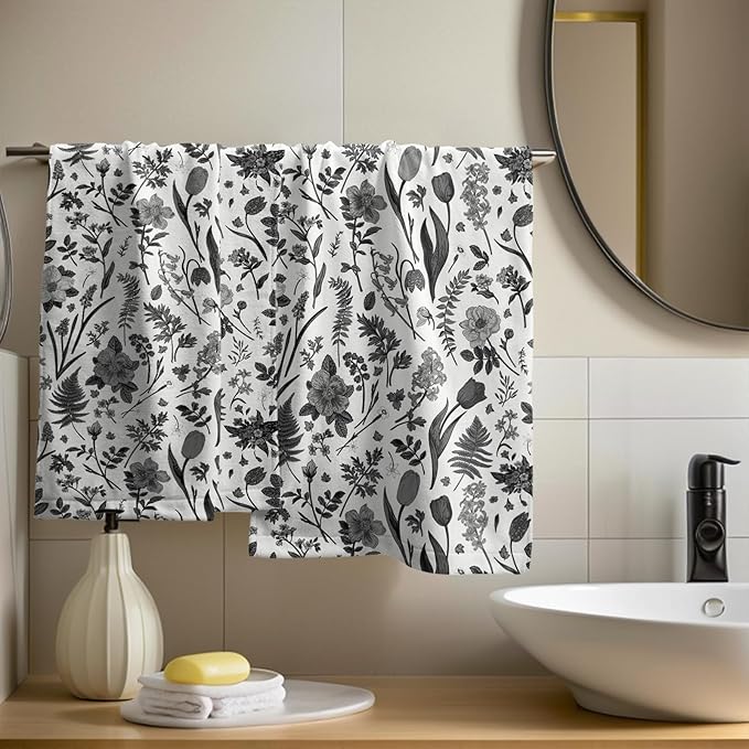 Spring Floral Hand Towels for Bathroom Set of 2 Black Grey White Flower Leaves