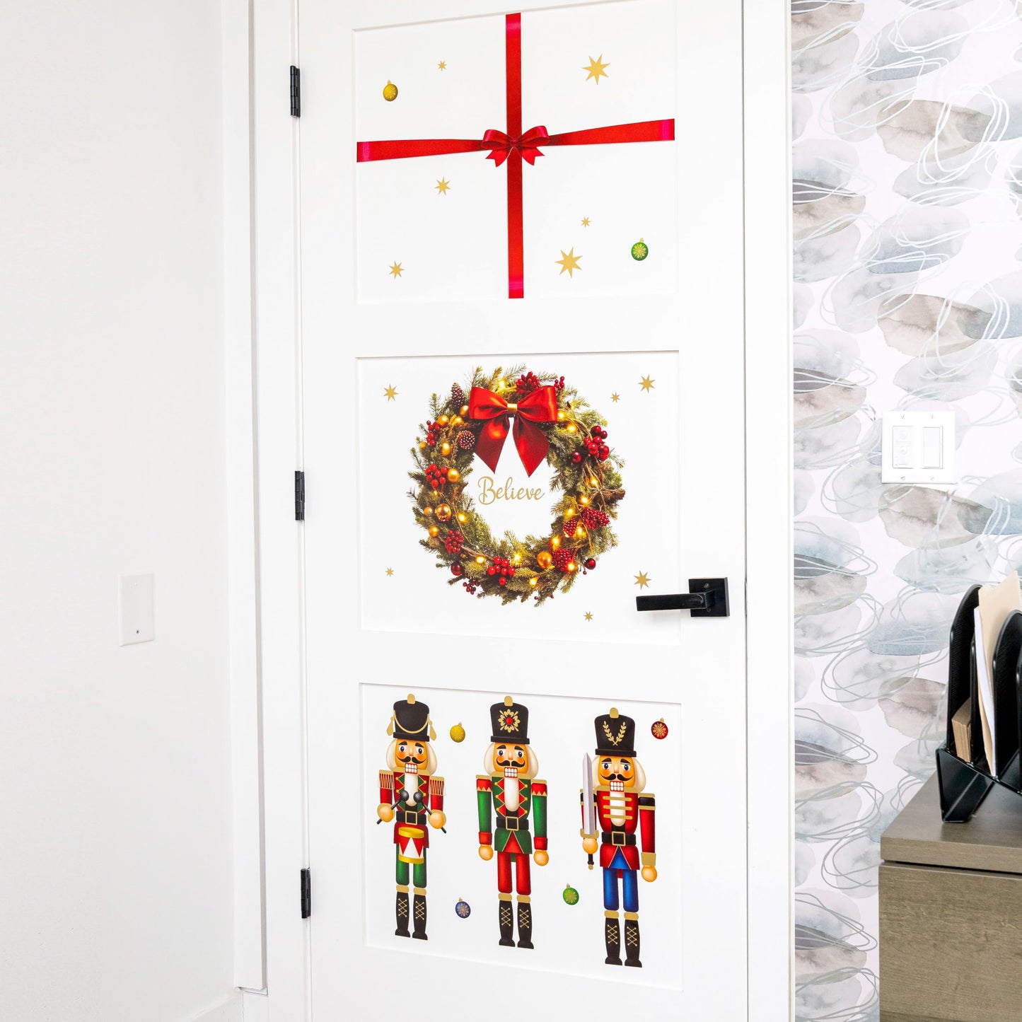 Wall Wear Classic Christmas Decal Kit – 9 Peel & Stick Sheets with Festive Ornaments, red Bows, Nutcracker & Wreaths. Removable, Water-Resistant & Rental-Safe Holiday Wall décor.