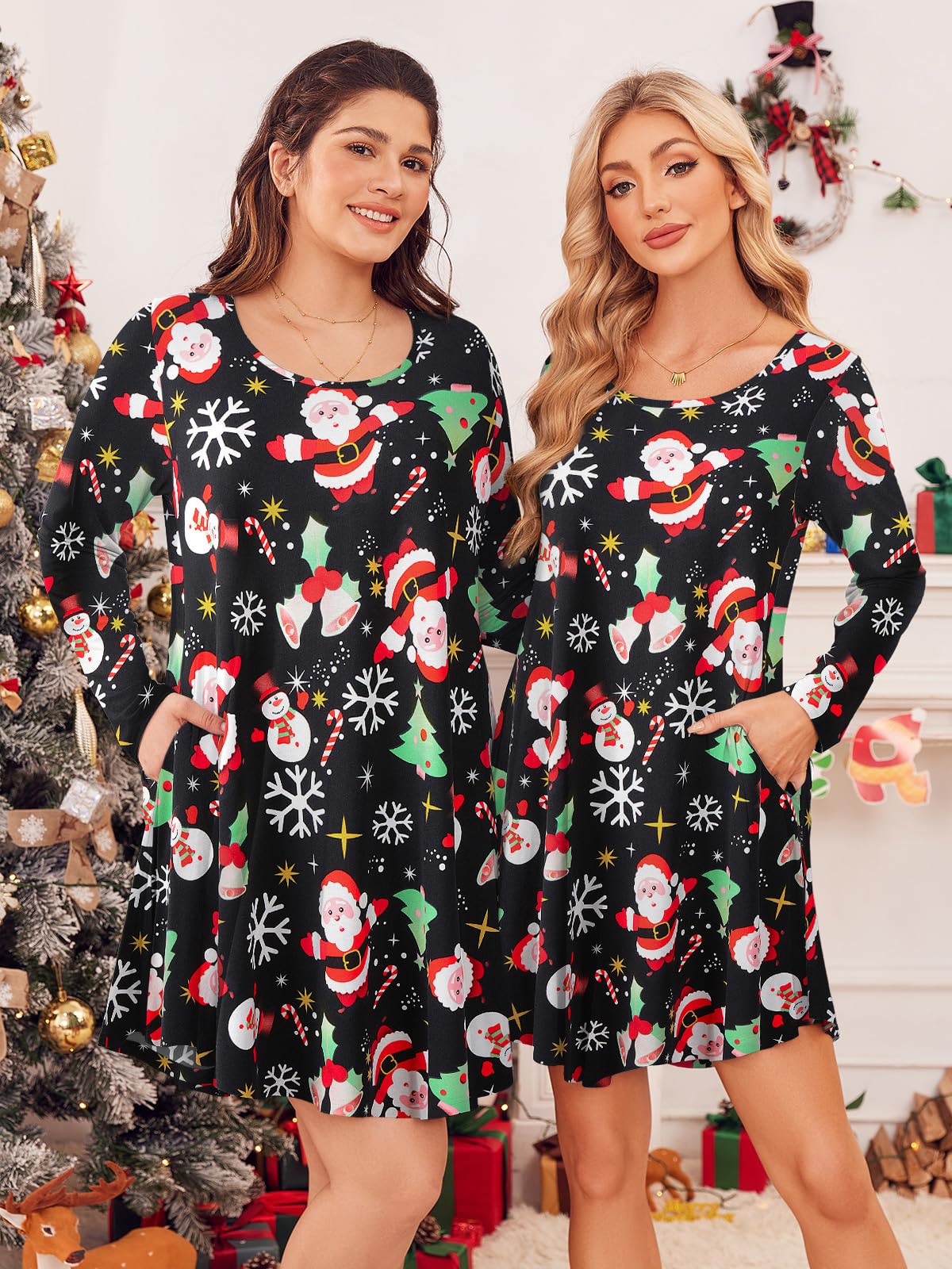 ZENNILO Women's Loose Fit Casual Swing Christmas T-Shirt Dress with Pockets(Flower40,S)