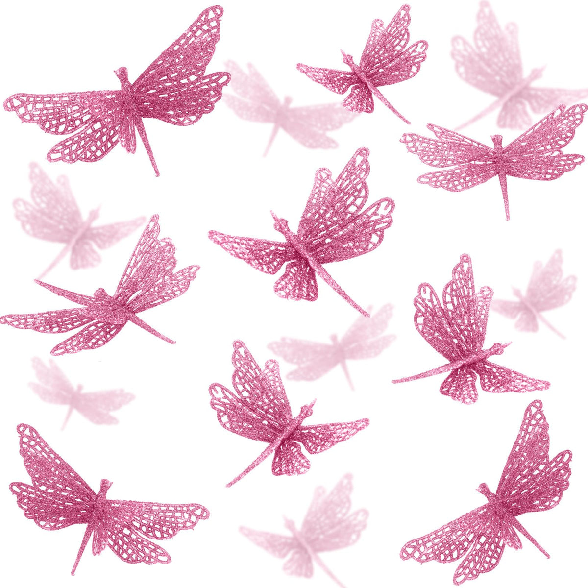 Motionchic 24 Pcs Glitter Dragonfly Decorations, Pink 3D Dragonfly Wall Decor with Clips Stem for Spring Summer Garden Party Wedding, Glitter Dragonflies for Floral Arrangement DIY Craft