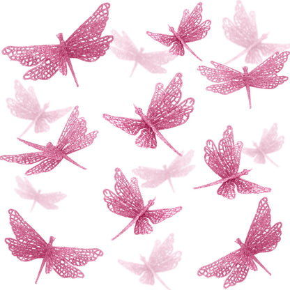 Motionchic 24 Pcs Glitter Dragonfly Decorations, Pink 3D Dragonfly Wall Decor with Clips Stem for Spring Summer Garden Party Wedding, Glitter Dragonflies for Floral Arrangement DIY Craft