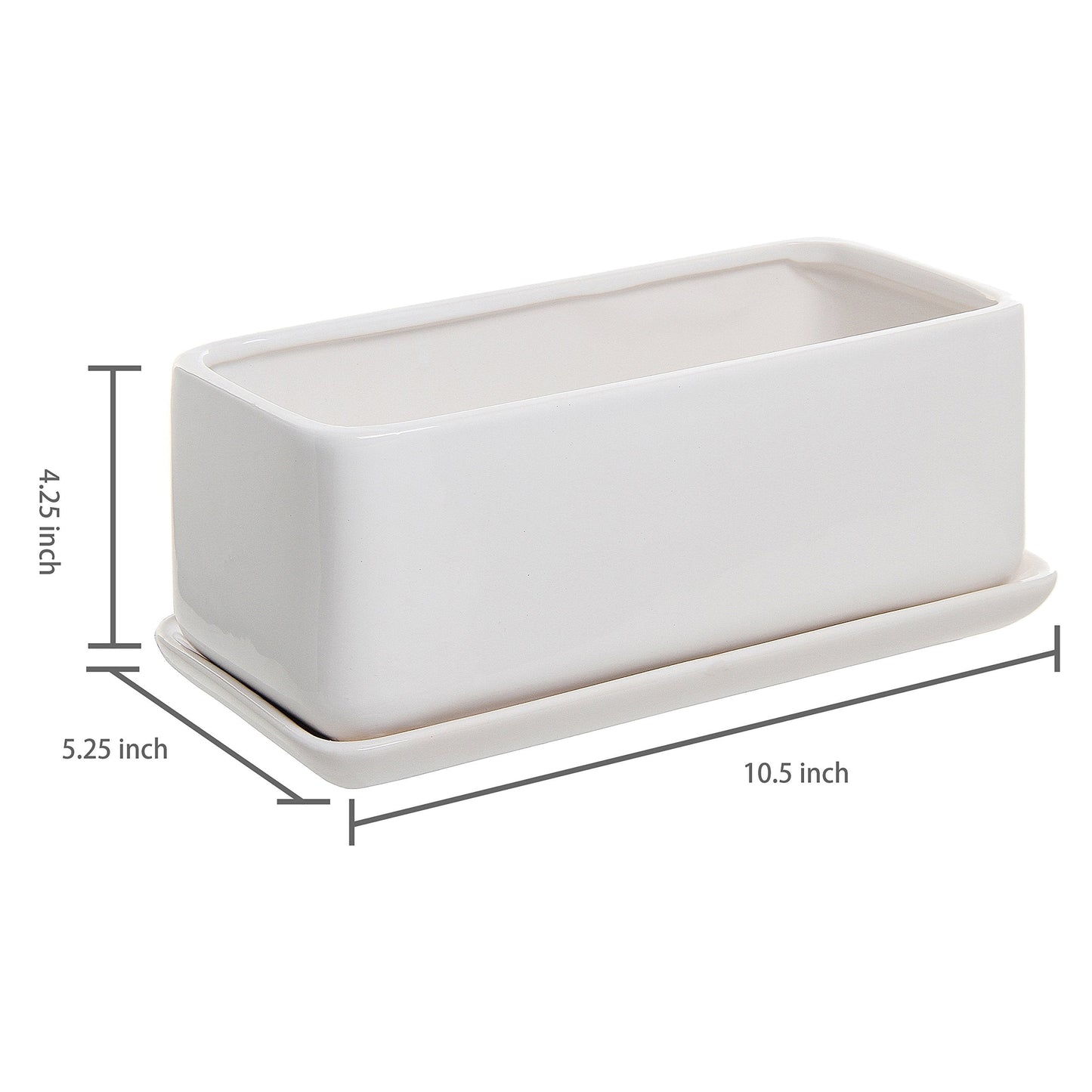 MyGift 10 Inch Modern Unglazed White Ceramic Indoor Plant Pot with Drainage Hole, Rectangular Succulent Planter Window Box with Removable Saucer, 2 Pack