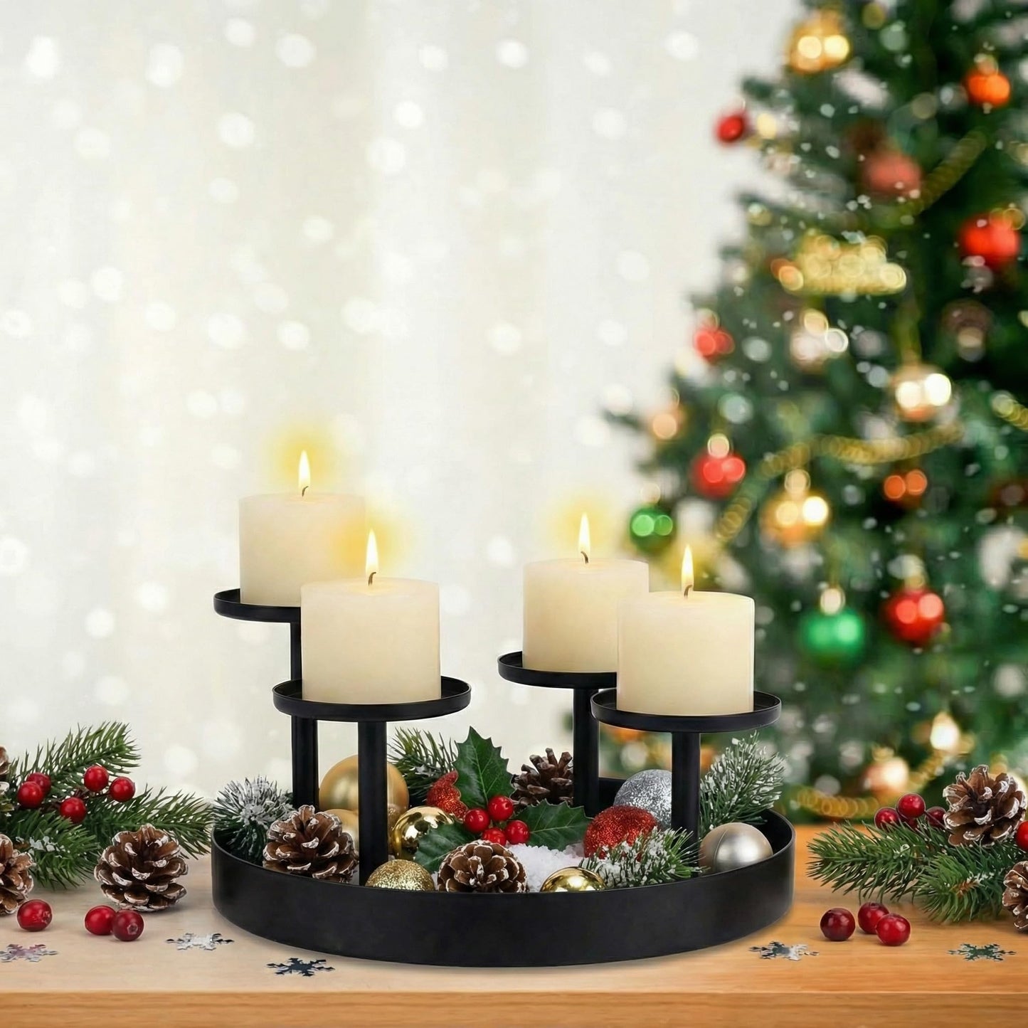 Livendow Circular Candle Holder, Black Metal Candle Stand, 4-Pillar Tiered Design | for Scented Candles, Pillar Candles | Creative Home Decor | Diameter 20CM/7.9 Inches (NO Flowers & Candles)