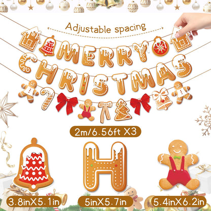 Merry Christmas Banner Gingerbread Christmas Hanging Decoration 3PCS Gingerbread Theme Garland Banner for Holiday Home Office Fireplace Wall Decor Outdoor Indoor Xmas Party Banner