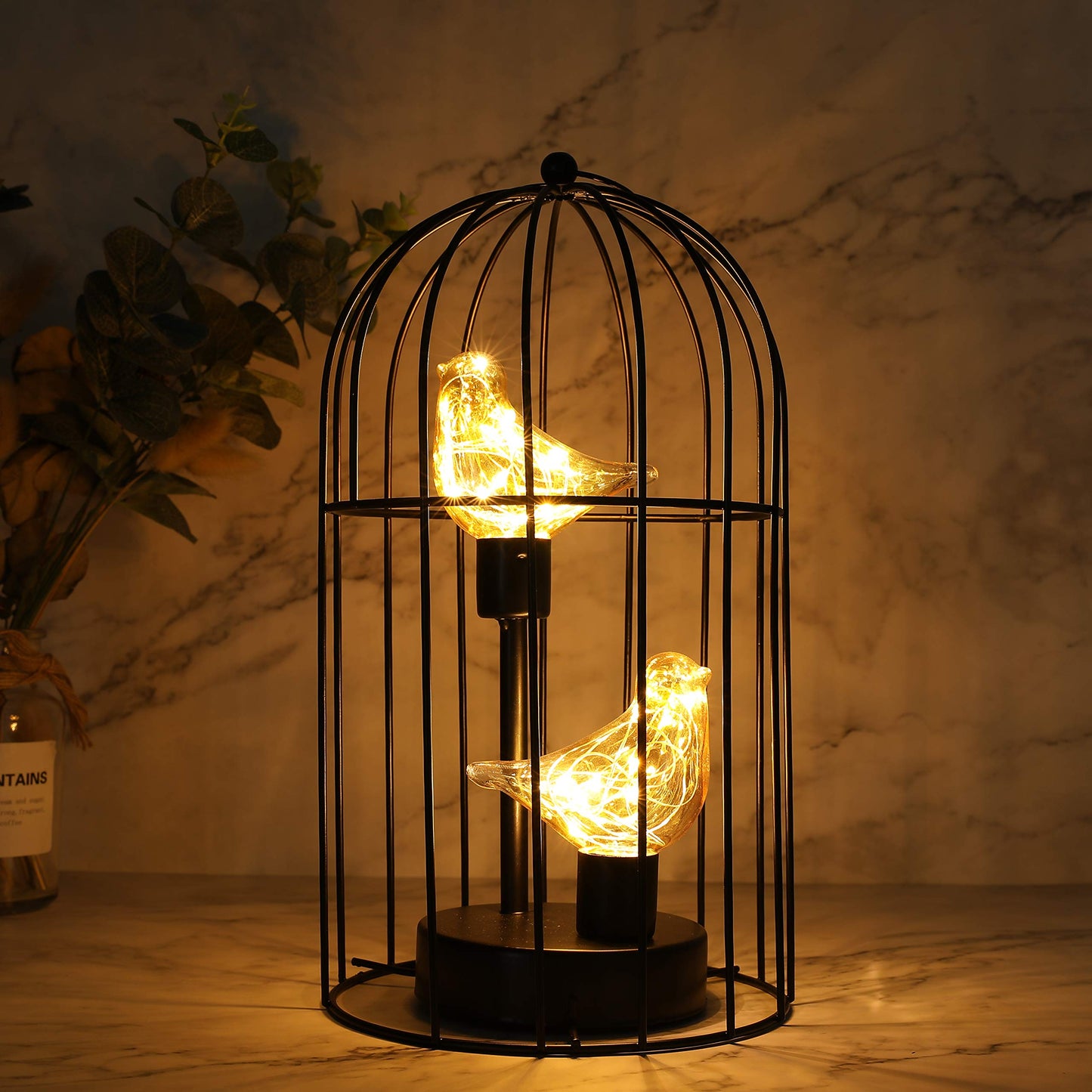 JHY DESIGN Birdcage Decorative Lamp Battery Operated 12" H Cordless Table Lamp with Warm White Fairy Lights Bird Bulb for Indoor Bedroom Living Room Home Wedding Xmas(Black)