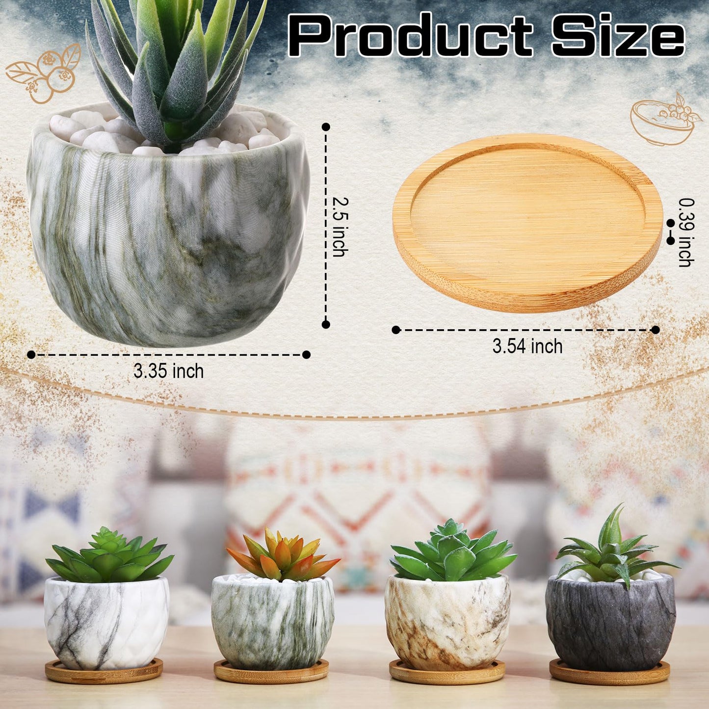 Ziliny Marbling Ceramic Flower Pot 3.35 Inch Succulent Small Plant Cactus Herbs Planter Ceramic Pot with Drainage Hole Matte Round Container(4 Pcs,Modern Style)