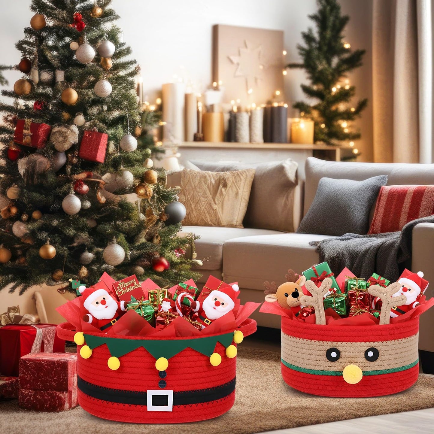 Zopeal 2 Pcs Christmas Woven Basket with Gift Bag, Ribbon and Red Tissue Paper Deer Woven Storage Bin Empty Basket Holiday Decorative for Xmas Gifts, 12 x 8 x 5 inch