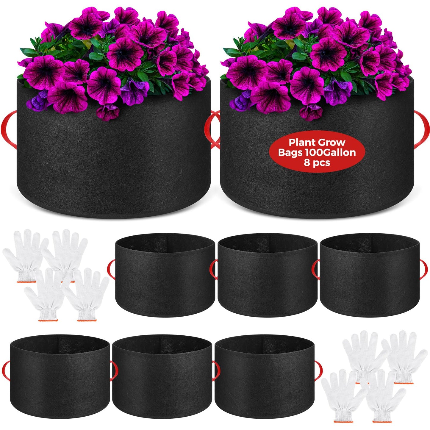 Nuenen 8 Pack 100 Gallon Plant Grow Bags Bulk Breathable Nonwoven Fabric Pot with Handles Heavy Duty Nursery Vegetable Pots with Gloves for Garden Vegetables Potato Plants Flower Growing Planting
