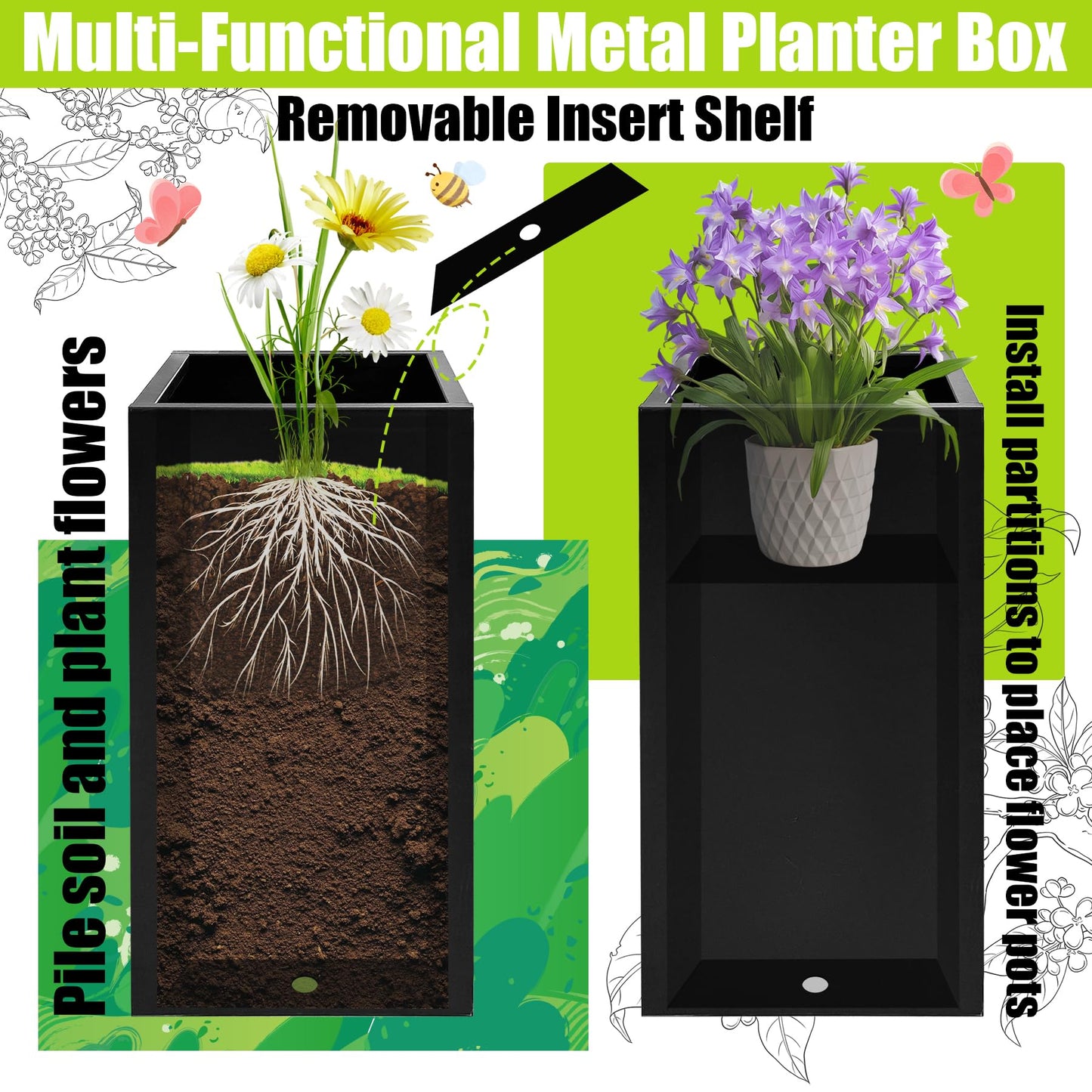 Fsehyue Metal Planter Box 14" x 14" x 30" Large Rectangular Planter Heavy Duty Galvanized Steel Tall Plant Boxes with Insert Shelf and Drainage Holes for Outdoor Patio Yard Garden Porch Terrace