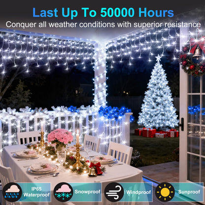 810LED 82ft Christmas Lights, 180Drops 12 Modes Cool White Christmas String Lights Outdoor Dimmable, Waterproof Christmas Decoration Fairy Lights with Timer for Indoor Eaves Party Patio Window Fence