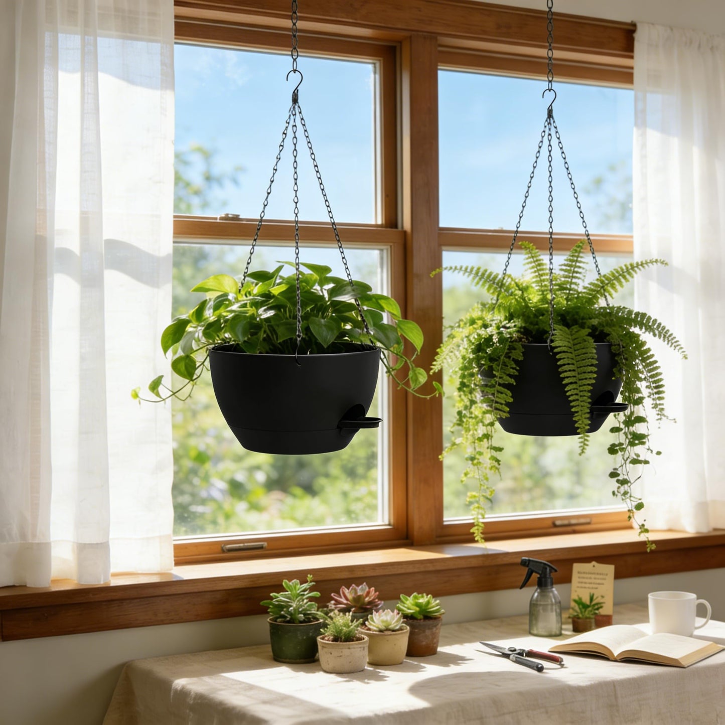UOUZ 13 Inch 2 Pack Large Self Watering Hanging Planters for Indoor Outdoor Plants, Hanging Plant Pots with Removable 50 Oz Reservoir, Plastic Hanging Basket for Window Porch Garden Balcony, Black