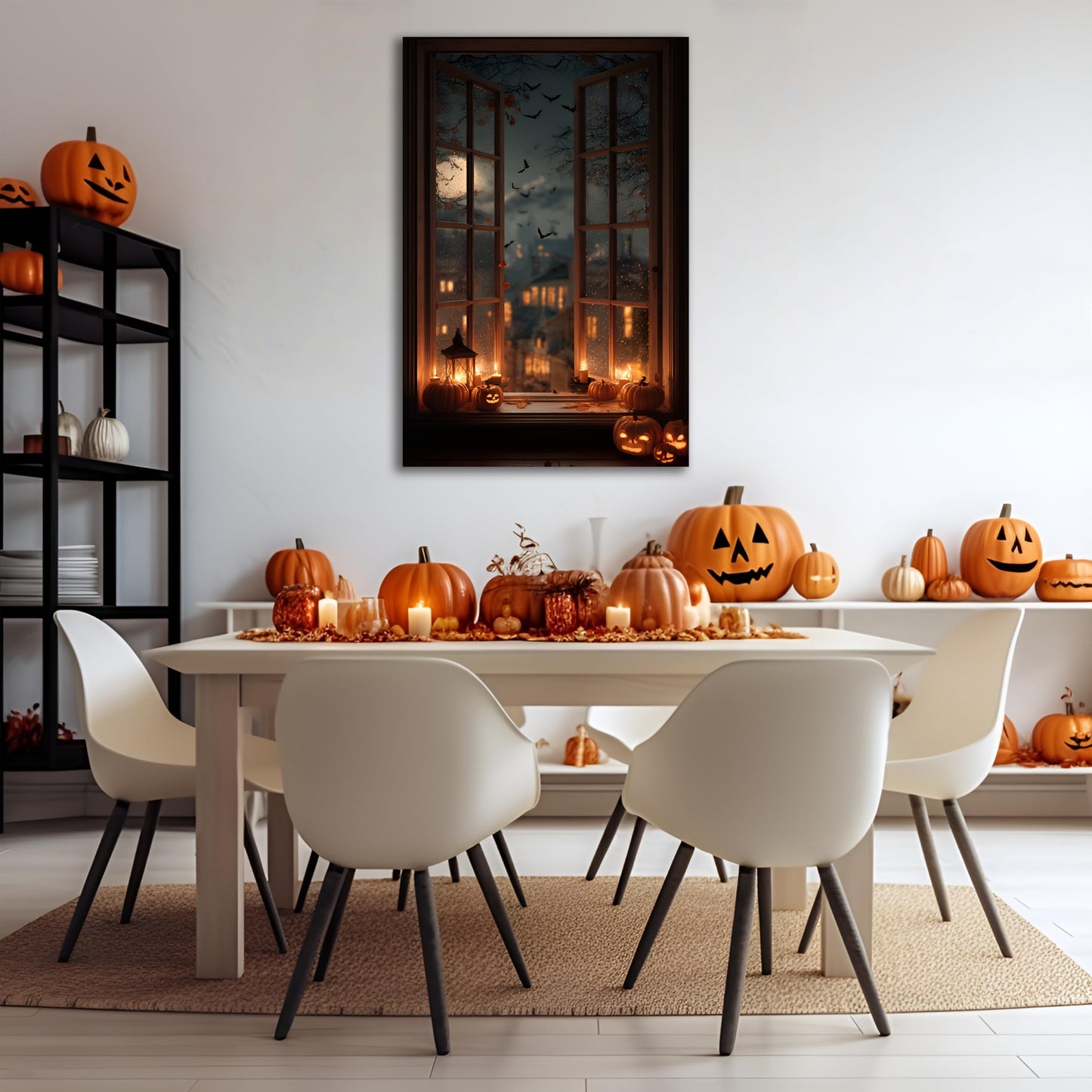 WOOHOOROO Halloween Fake Window Sticker–Peel and Stick 3D Jack O Lantern Pumpkins Bats Haunted House Wall Decor,48" x 32"
