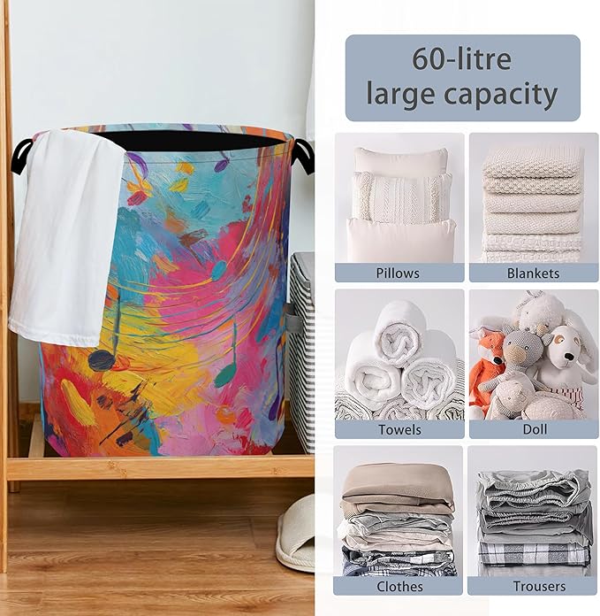 Colorful Music Symbols Laundry Basket, Foldable