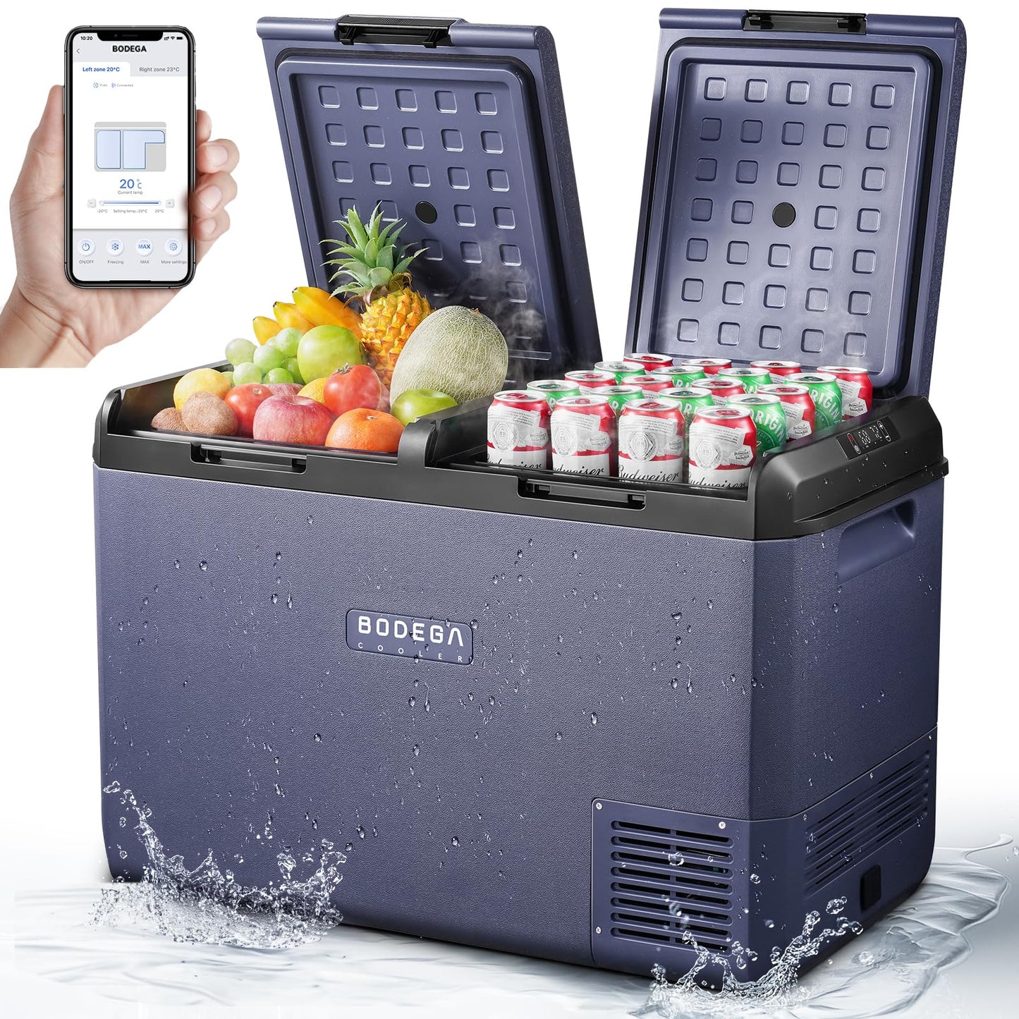 BODEGACOOLER 12 Volt Refrigerator, 100QT(95L) IPX4 Waterproof Electric Cooler, Car Fridge Dual Zone APP Control with 12/24V DC 110-240V AC, -4℉~68℉, Portable Freezer for Camping,Travel,RV,Road Trips