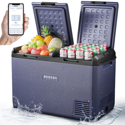BODEGACOOLER 12 Volt Refrigerator, 100QT(95L) IPX4 Waterproof Electric Cooler, Car Fridge Dual Zone APP Control with 12/24V DC 110-240V AC, -4℉~68℉, Portable Freezer for Camping,Travel,RV,Road Trips