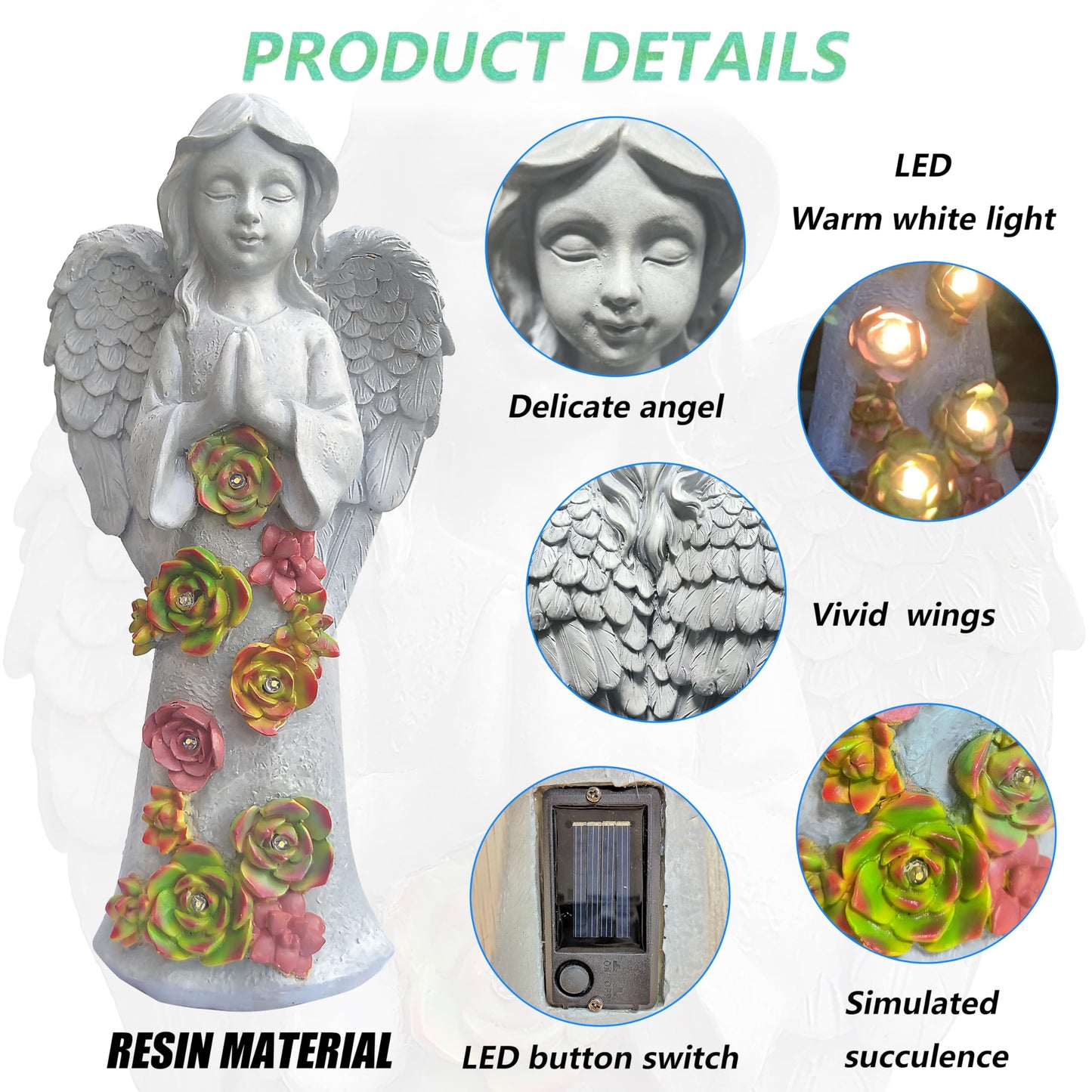 VIOYOUNS Angel Solar Garden Outdoor Statues with Succulent Plants and 6 LED Lights– Outside Solar Garden Decor Figurines -Remembrance & Sympathy Gifts Decorations