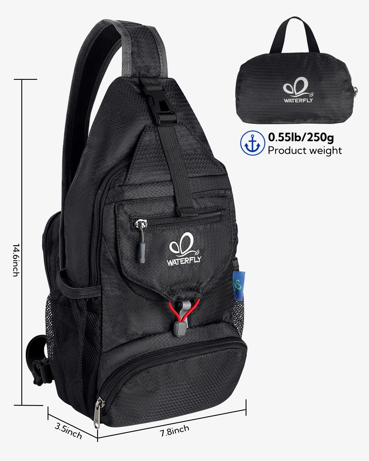 Waterfly Packable Small Crossbody Sling Backpack Foldable Shoulder Chest Bag Daypack for Hiking Traveling Men Women